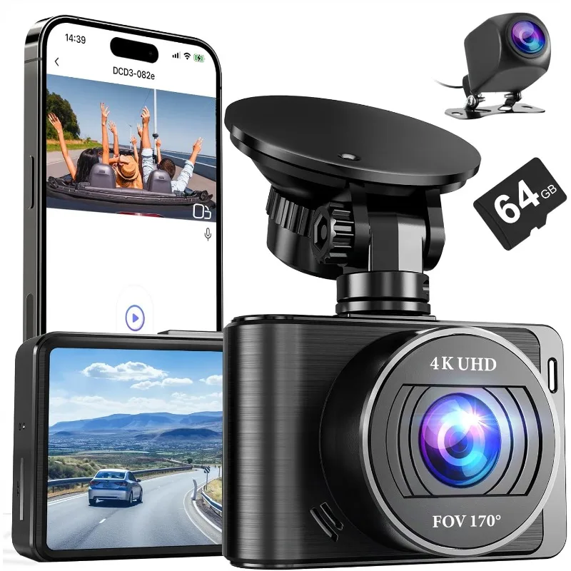 

Dash Camera, 4K/1080p Dash Cam Front Rear Built-in WiFi, with 64GB SD Card, Full HD 2.0” IPS Screen Dash Camera for Cars