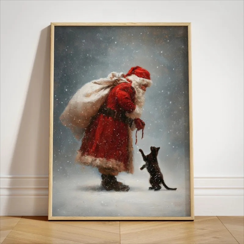 Vintage Santa Claus and Black Cat Canvas Wall Art Snowy Christmas Unframed Canvas Print Warm Winter Holiday Home Wall Decor