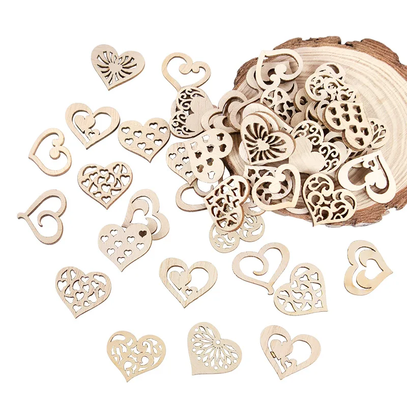 50/100pcs Hollowed Heart Pattern Small Natural Wooden Slice Scrapbook Embellishments DIY Craft Decor Heart Shape Love Wood Chips