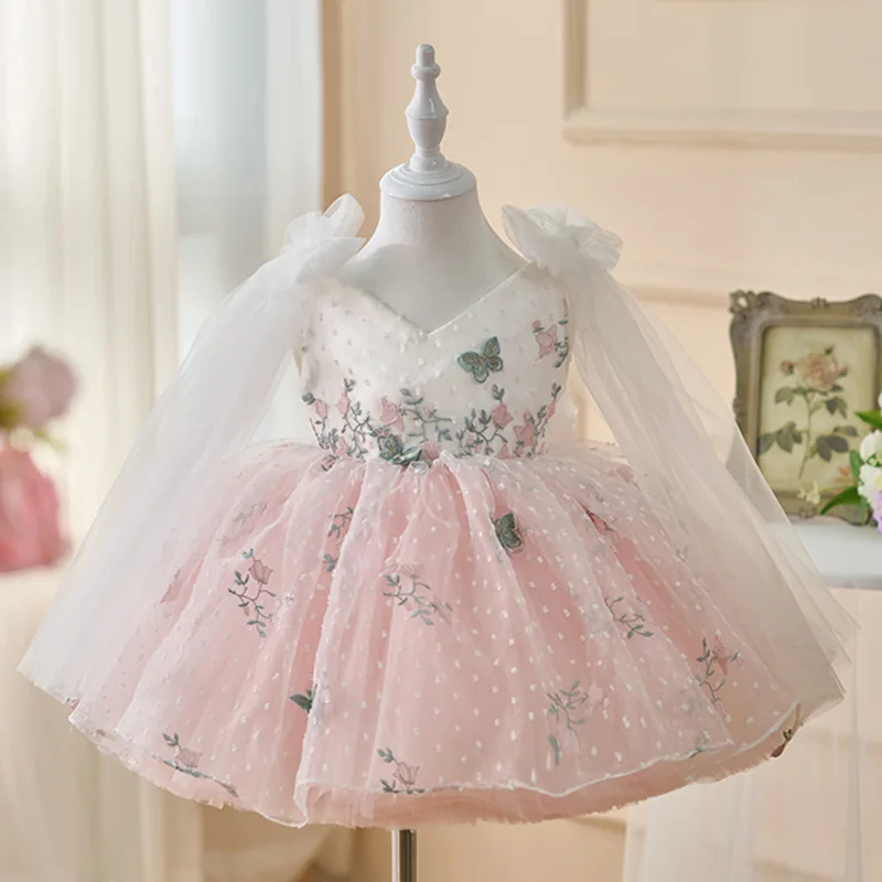 Baby Girls Floral Embroidery Tulle Dress Mesh Sleeves Princess Dance Gown Toddler Formal Dress For Children's Birthday Party