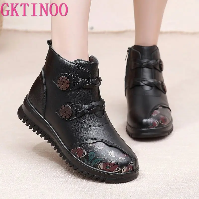 GKTINOO 2024 Genuino Del Cuoio di Modo di Inverno Delle Donne Stivaletti di Lana Calda Femminile Stivali Da Neve Della Piattaforma Casual Scarpe Da