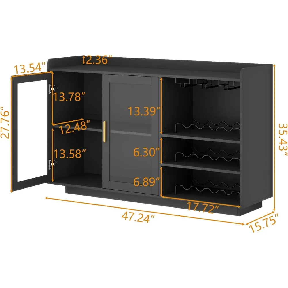 Wine Bar Cabinet with LED Lights, Floating Coffee Bar with Glass Rack and Removable Wine Racks, Modern Buffet Sideboard