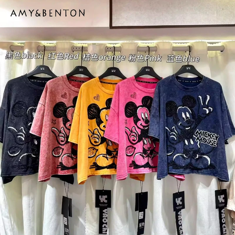 

2026 New American Retro Washed Cartoon Fun Cotton Stylish Versatile Tees Fashionable Loose Short-Sleeve Y2k Top T-shirt Pullover