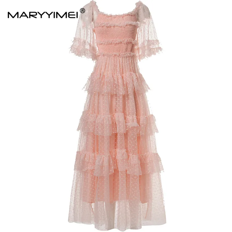 

MARYYIMEI Spring Summer Women's Square-Neck Flare Sleeved Mesh Splicing Flounced Edge Bohemia Elegant Half Sleeved Dresses