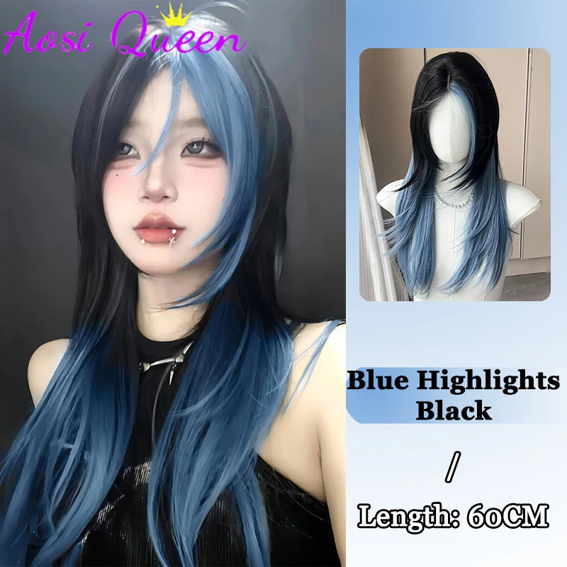 海月　ウィッグ Synthetic Black And Blue Wolf Tail Wig Female Long Hair Summer