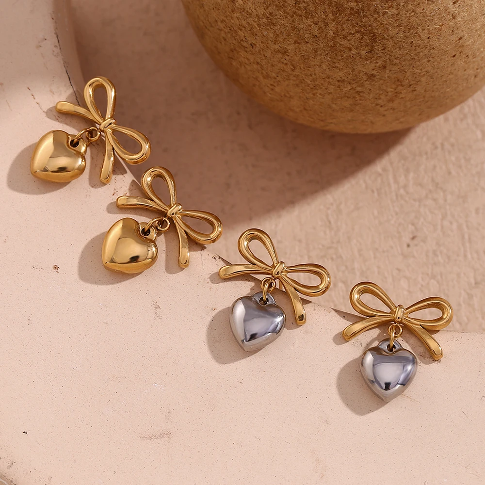 E.B.belle Bow Shaped Heart-shaped Earrings Waterproof 316L Stainless Steel Jewelry 18K Gold Plated Earrings for Women