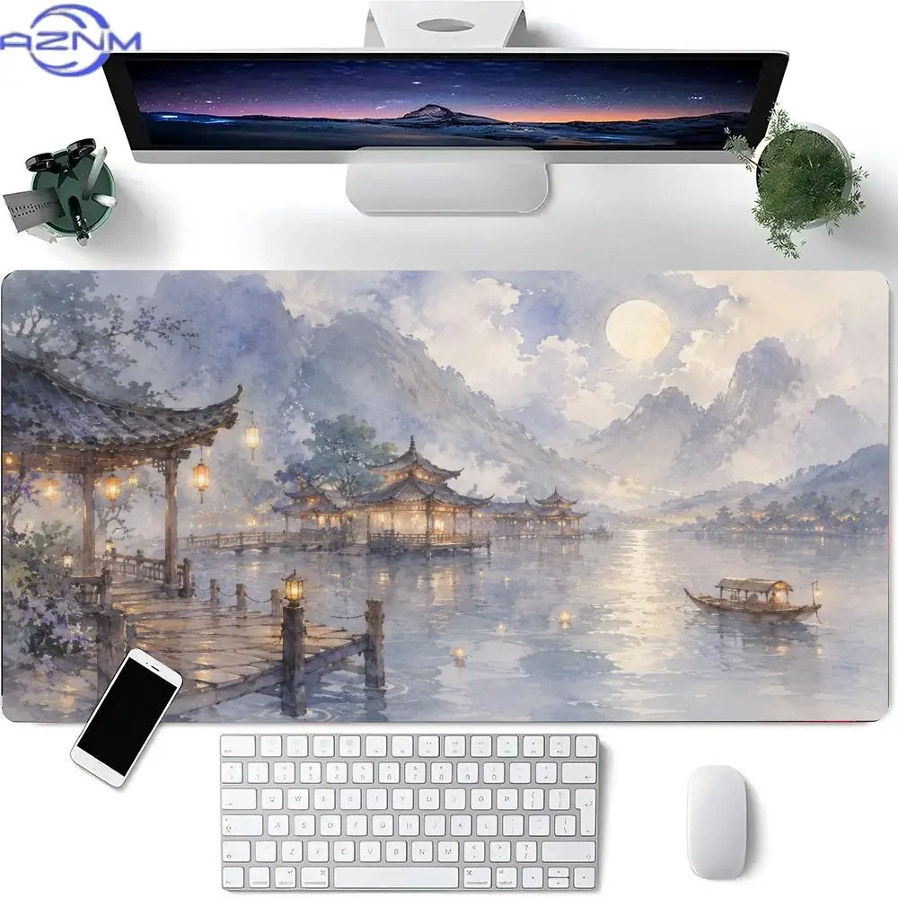 Watercolor Chinese Ancient Pavilion Large Mouse Pad Moon Lake Boat Mountain Scenery Art Desk Mat for Home Office Gaming Decor
