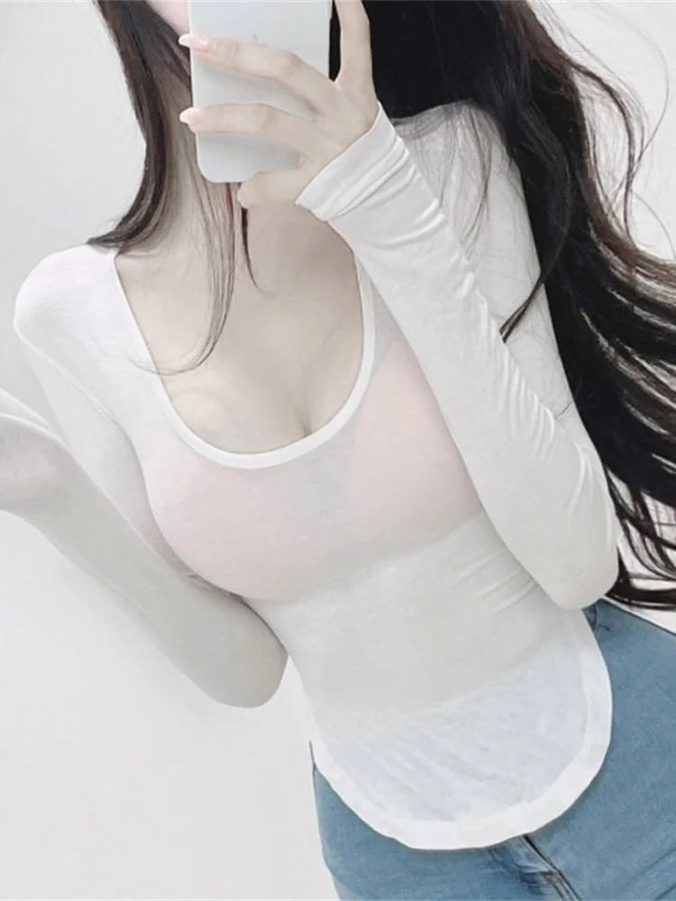 

Thin Sweet Korean Slightly Elegant Tight U-neck Bottomed Shirt Hot Sexy Women Skinny Tops Tees Brown Sweet Girl Autumn QG8L