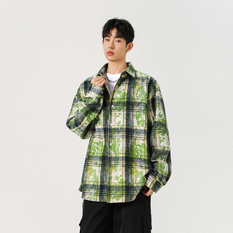 

Harajuku splash-ink tie-dye plaid men's shirt with full sleeve, vintage trend couple clothing