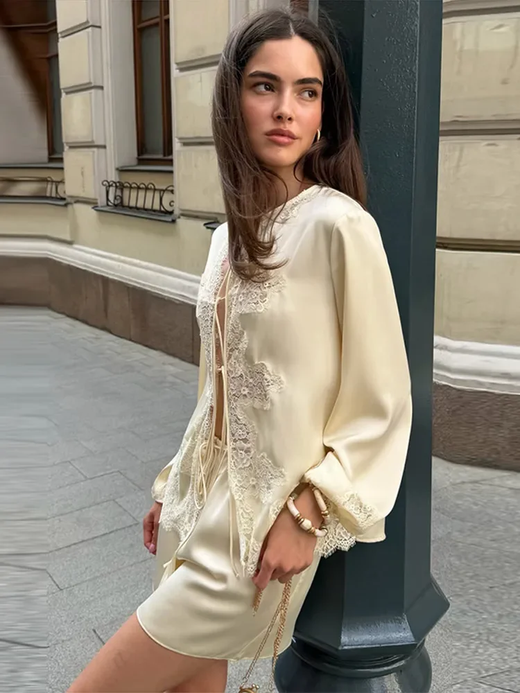 Casual Women's Satin 2 Piece Shorts Set V‑Neck Lace Hollow Lantern Sleeve Shirt Wide Leg Short Pant 2026 Summer Holiday Outfits view 4
