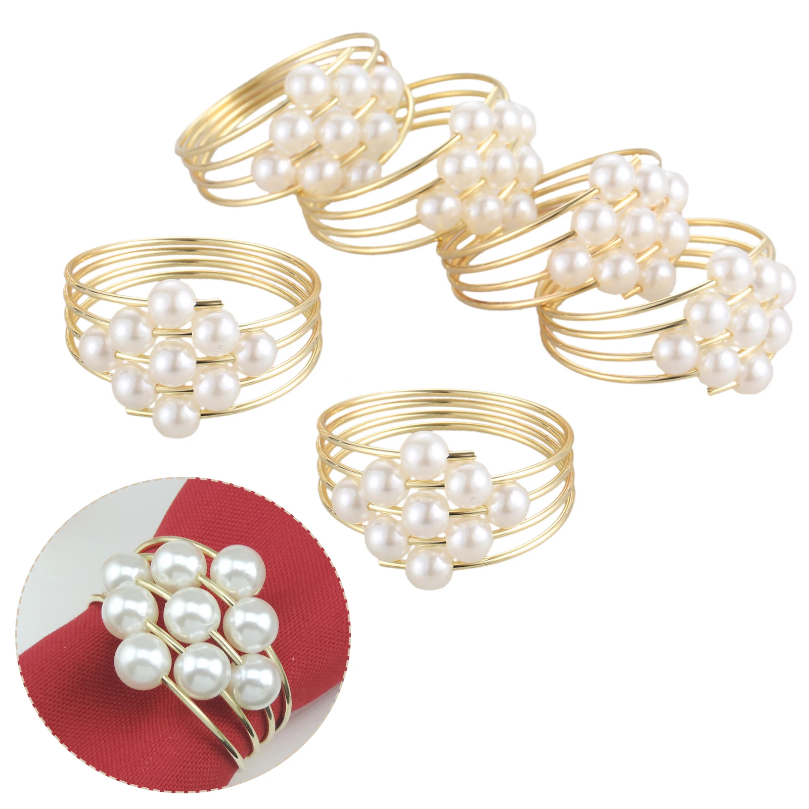 6Pcs Exquisite Pearl Napkin Rings Metal Christening Banquet Dinner Table Serviette Napkin Buckle Holder Wedding Party Decoration