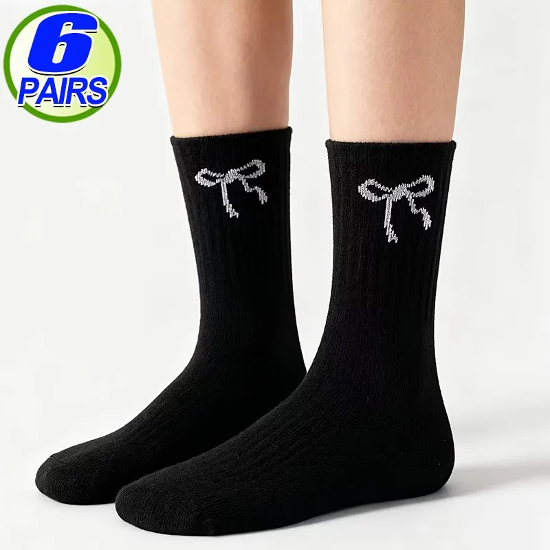 Bow Print Crew Socks for Women Korean Style Casual Cotton Blend Breathable Soft Ribbed Cuff Non Slip Daily Wear Matching Loafers