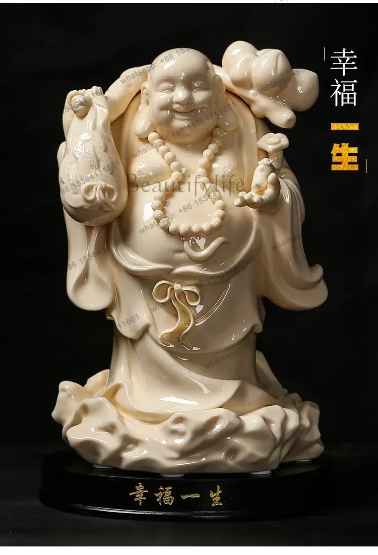 PG   ceramic Maitreya Buddha statue home offering ornament, jade yellow porcelain big belly lucky laughing Buddha opening