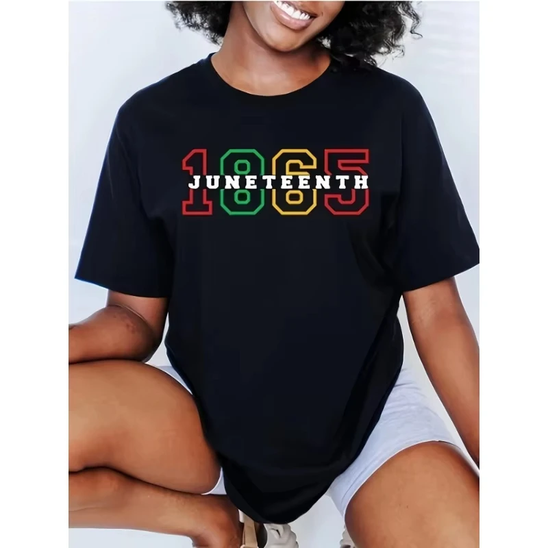 

Женская футболка Juneteenth 1865 г. — черная футболка с рисунком «История празднования» в афро-американском стиле, повседневная футболка с коротким рукавом с графикой