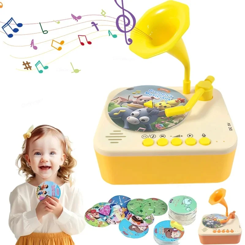 子供向けストーリープレーヤー蓄音機音楽玩具、93枚のカード付き、早期教育用幼児レコードプレーヤー、フォノグラフ学習玩具ギフト