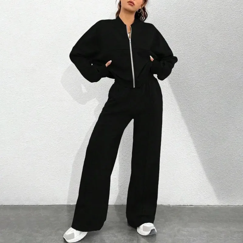 Autumn and Winter Fall Casual Zip Up Tracksuit Long Sleeve Sweatshirt and Wide Leg Sweat Pant Lounge Set Women's 2 Piece Outfits