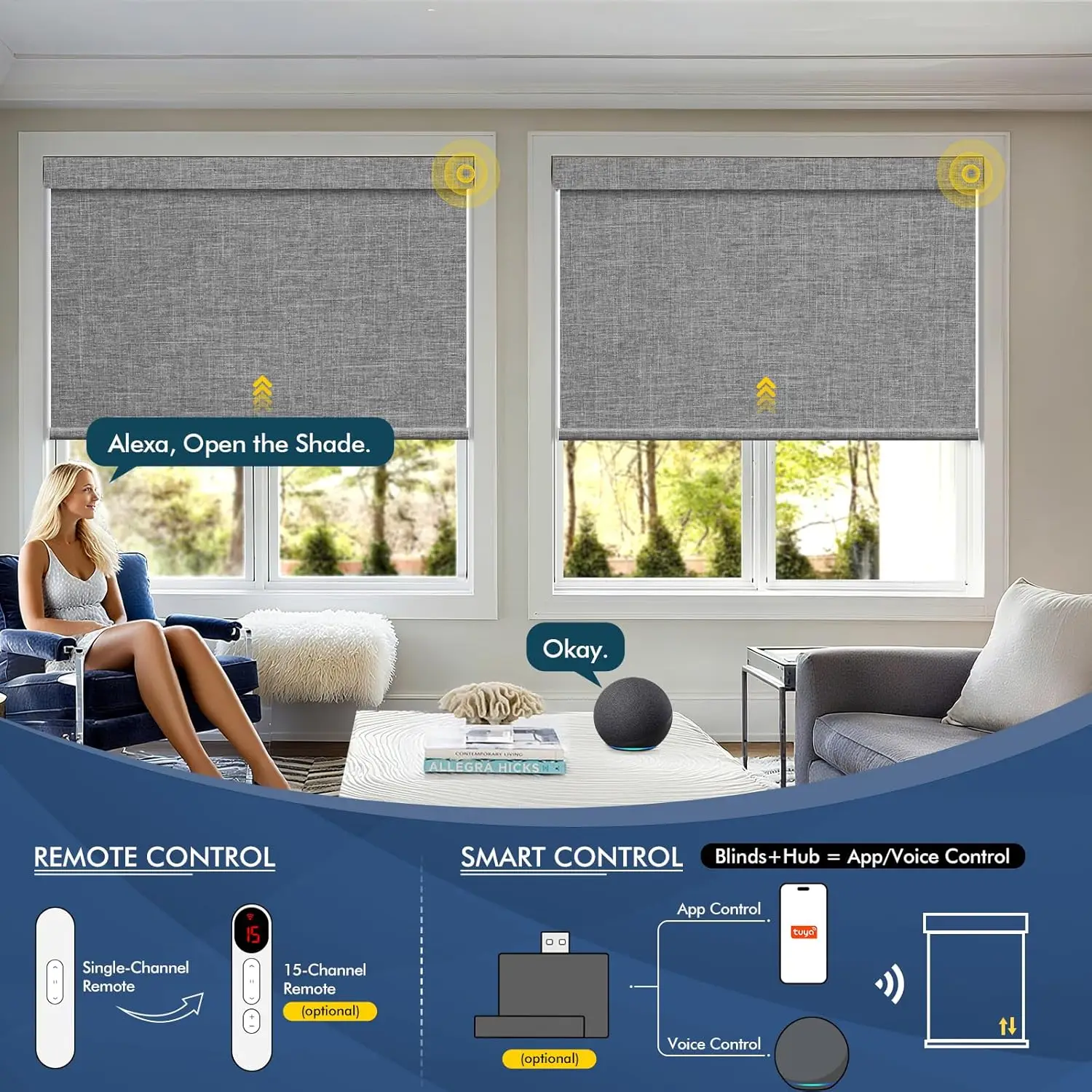 Motorized Blinds with Remote, Blackout Automatic Blinds with Solar Panel, Cordless Smart Electric Roller Shades for Windows. view 6