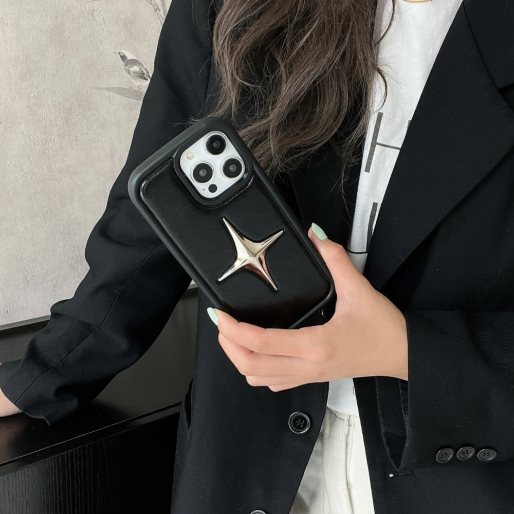 Luxury Metal Star PU Leather Phone Case For iPhone 16 15 14 13 17 Pro Max 15pro 14Pro Shockproof Cover Men Women Stylish Cases