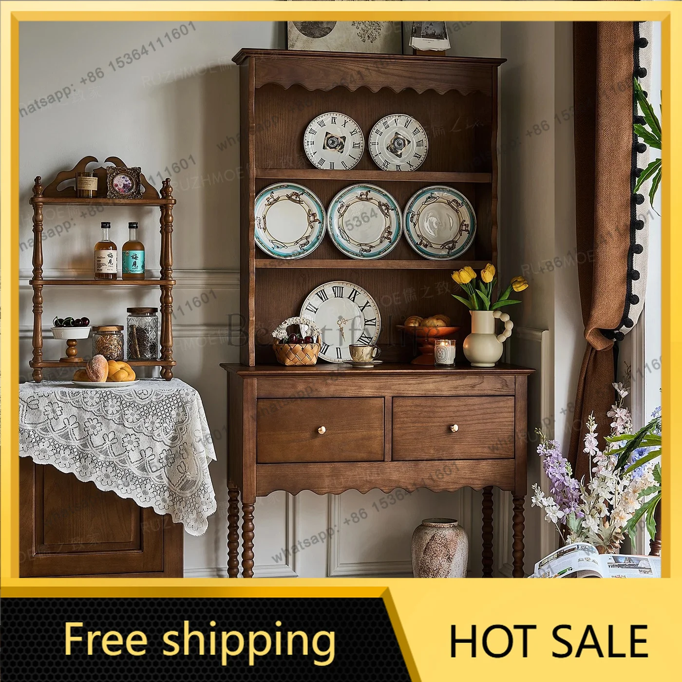 YJ American retro tableware cabinet solid wood dining side coffee cup shelf medieval display restaurant wall ceramic cabinet