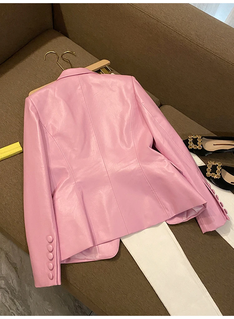 Lautaro Spring Stylish Short Pink Soft Pu Leather Blazer Long Sleeve Slim Fit Luxury Jackets for Women 2022 Elegant Fashion 5xl