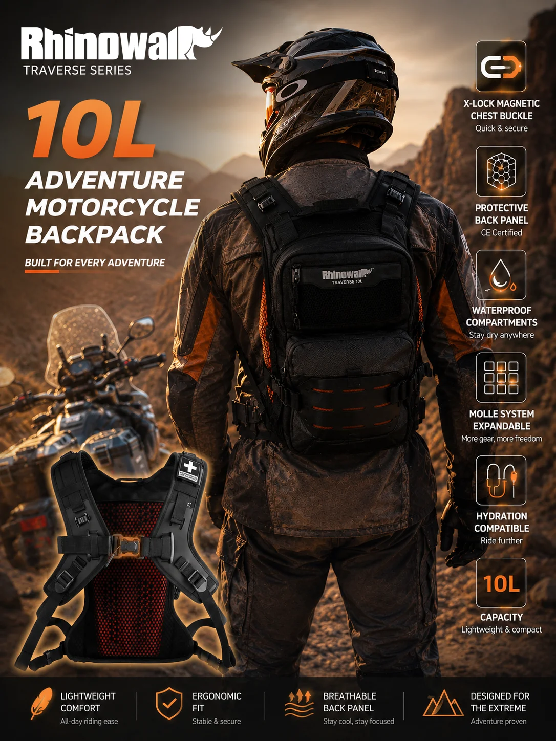 Rhinowalk 10L Adventure Motorcycle Riding Backpack with Magnetic Chest Buckle MOLLE Design Hydration Reservoir Pocket