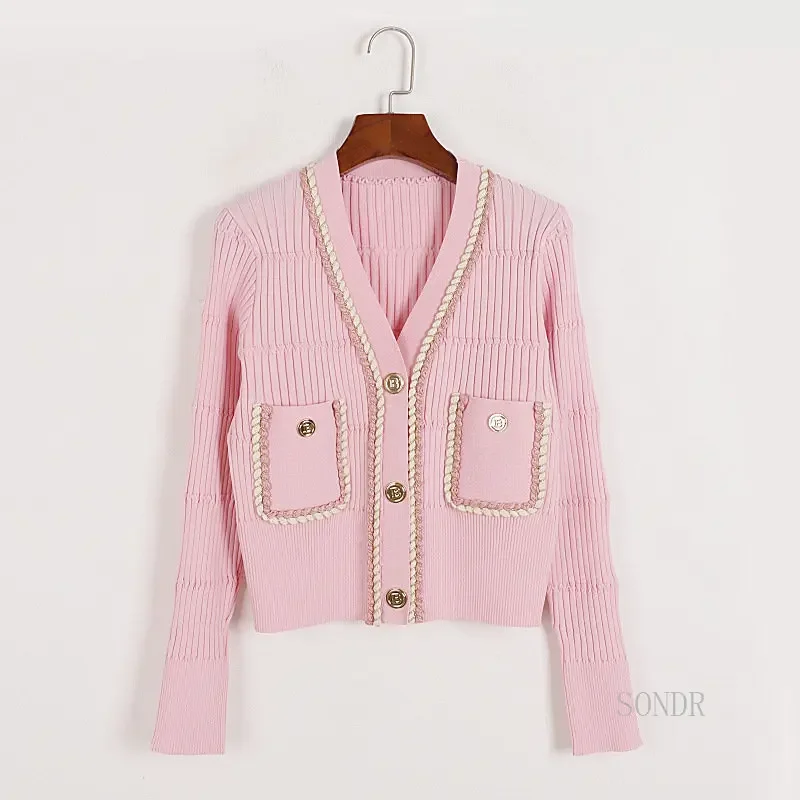 Runway-Pink Cropped Cardigan Women Luxury Cropped Cardigan 2024 V Neck Single Breasted Short Sweater Coat