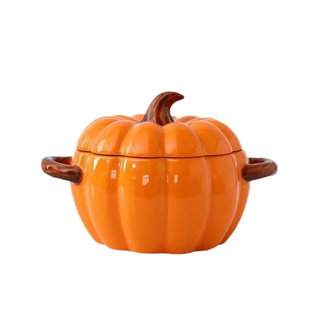 Ceramic Halloween Pumpkin Bowl Double Ear Handle Glazed Surface Instant Noodle Bowl with Lid Non-slip Bottom Soup Bowl Noodle