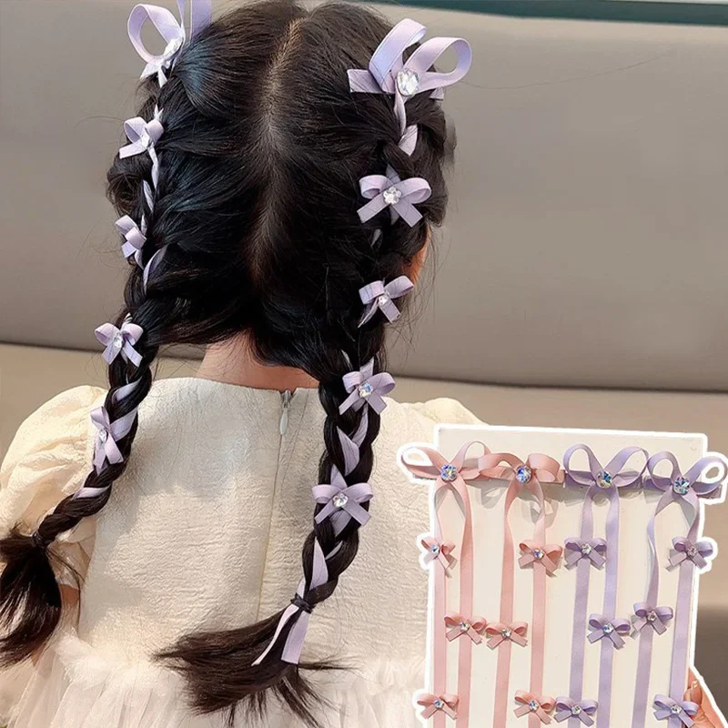 2Pcs/Set Sweet  Long Ribbon Bow Hair Clips for Girl Shiny Rhinestone Braided Hairband Baby Tassel Headwear Kids Hair Accessories
