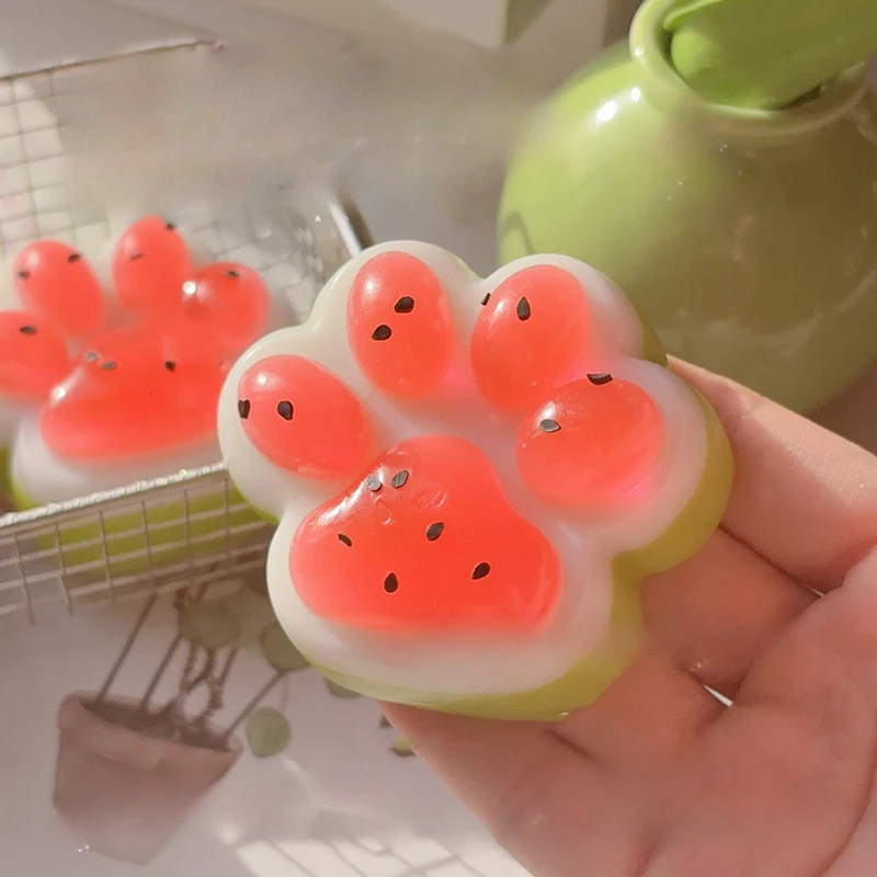 Juguetes para apretar con forma de pata de gato de tres colores, sandía bonita, TPR, juguete de liberación de descompresión de rebote lento