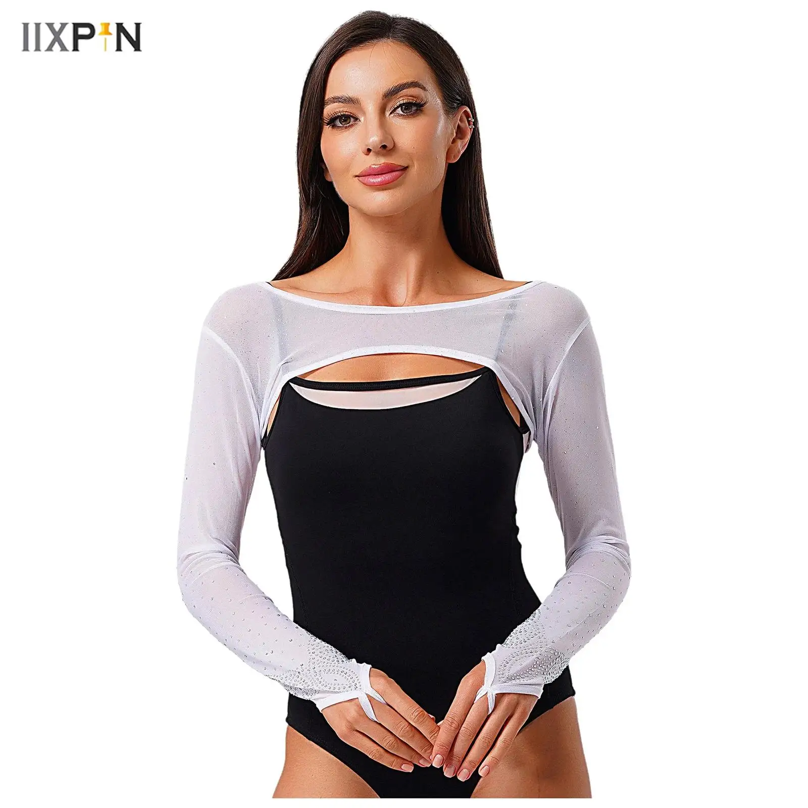 

Women's Glittery Rhinestone Mesh Dance Crop Tops Long Sleeve Pullover Shrugs Shoulder Cover Tops for Ballet Modern Dance Pracise