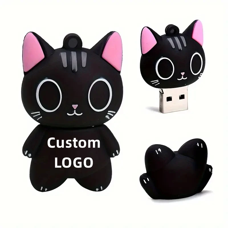 ฟรีที่กําหนดเองการพิมพ์สีโลโก้สีดําการ์ตูนแมวรุ่น USB2.0 แฟลชไดรฟ์ 4GB 8GB 16GB 32GB 64GB 128GB