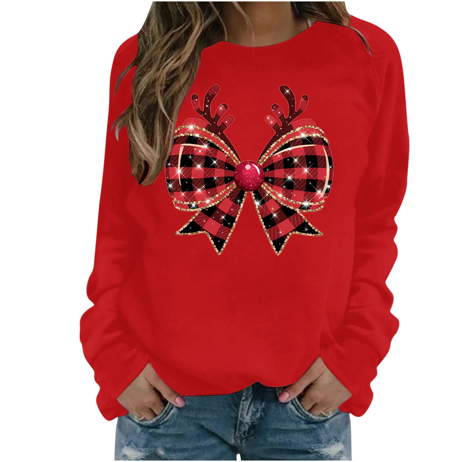 Women Autumn And Winter Hoodie Christmas Style Bow Tie Print Round Neck Loose Long Sleeved Fashionable Casual Hooded Sweatshirt