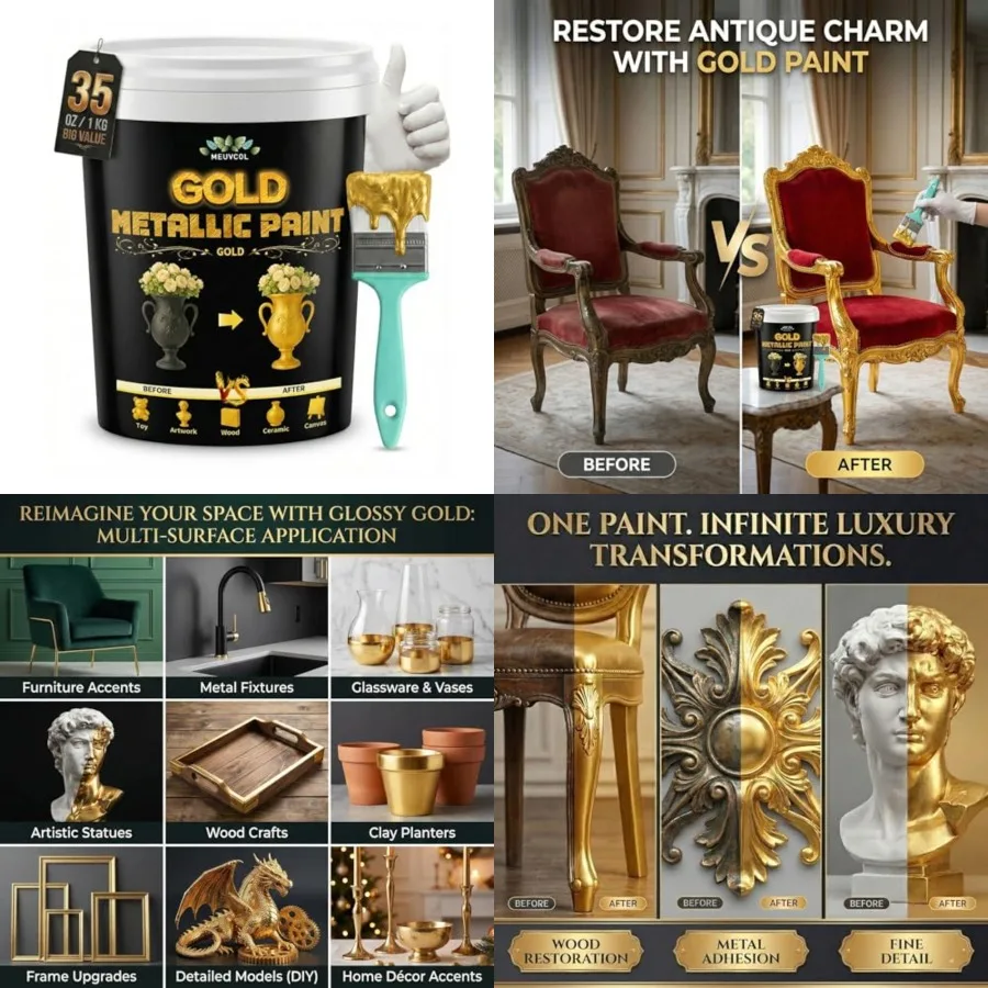 

Gold Paint 35 Floz Metallic Liquid Gold Leaf Paint - Non Toxic Shiny Acrylic Coating for Metal Wood Furniture Clay DIY Crafts A