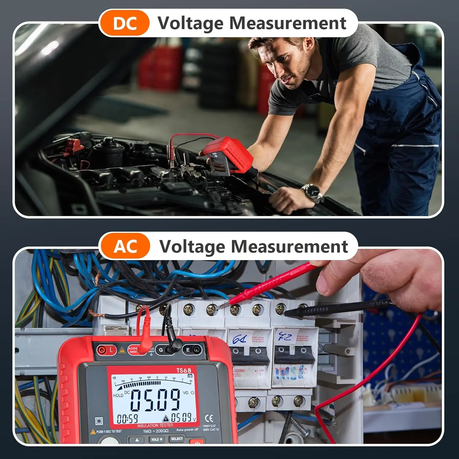 Insulation Meter TS68, 1MΩ-200GΩ Resistance Measurement, Megohmmeter with Backlit, LCD Display, AC/DC 10-600V, 100 Data Memory