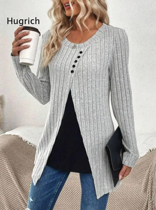 Female Ribbed Knit Long Sleeve Blouse Round Neck Button Detail Split Front Irregular Hem Tops