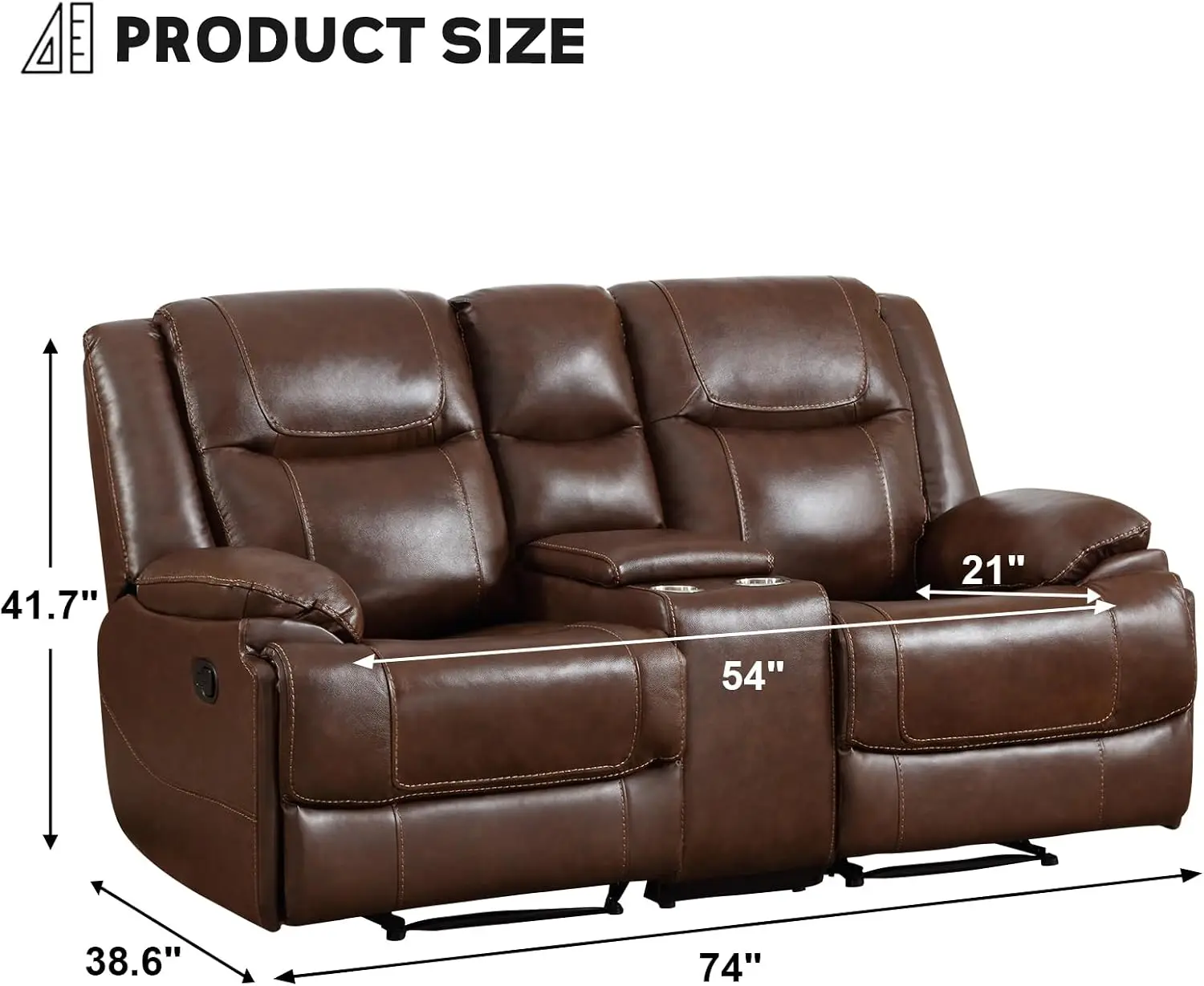 2-Seat Reclining Loveseat Sofa, Genuine Leather Living Room Couch with Storage and Cup Holders, Vintage Brown