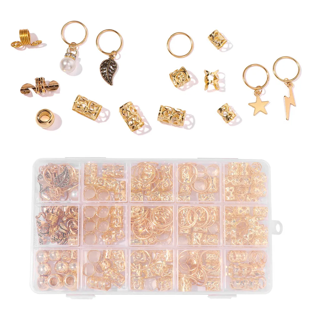 217Pcs Dread Locks Hollow Out Hair Ring Hair Braiding Gold and Silver Dreadlocks Beads Metal Cuff Clips Multi Style