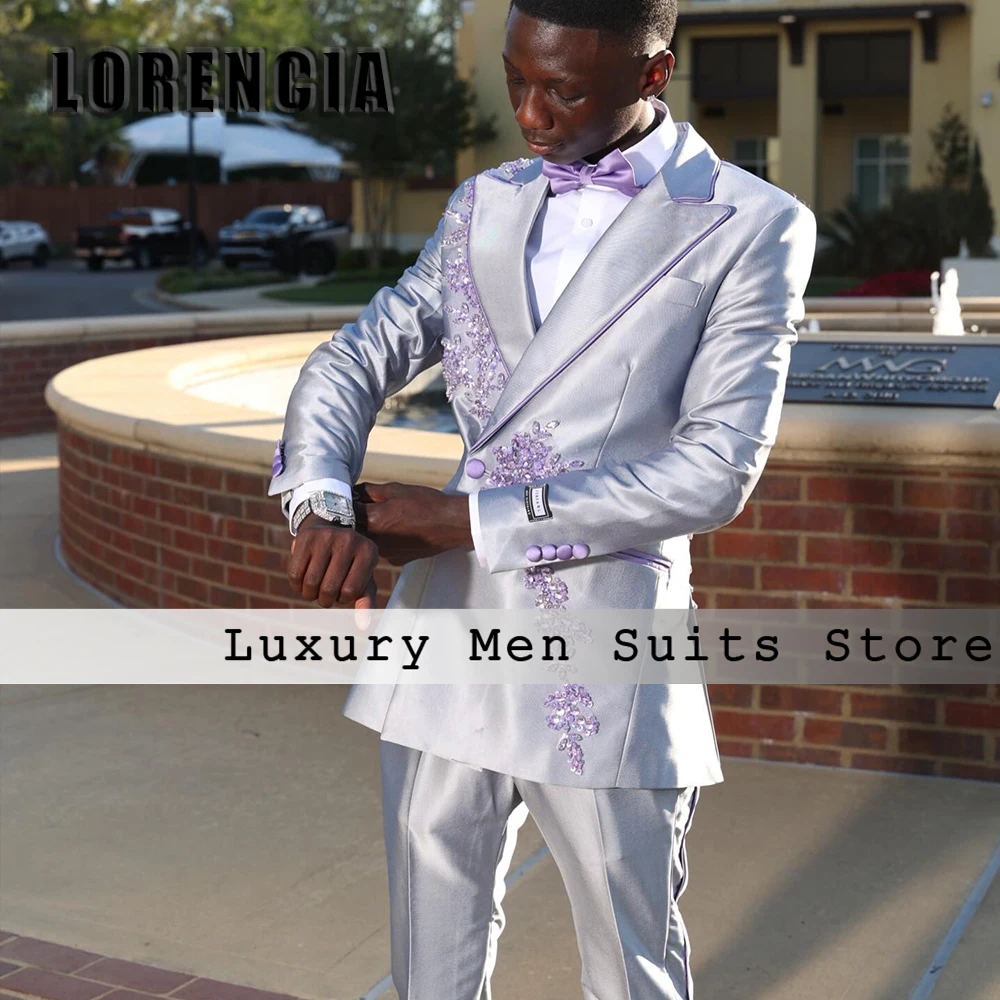 

Luxury Applique Suits for Male 2 Pieces Diamond Tuxedos Set Evening Party Outfit Customized Blazer Pants jaqueta masculina couro
