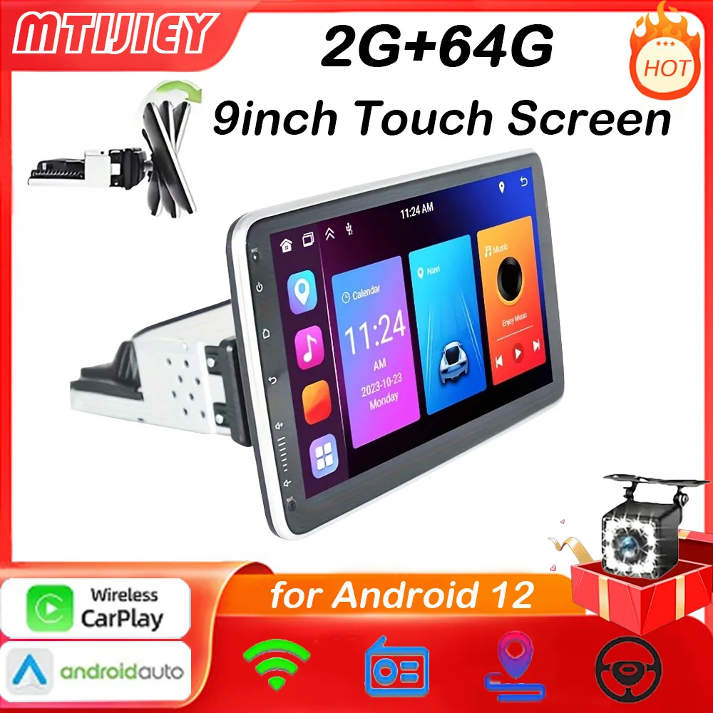 

MTIJIEY 2G+64G Android12 1din Car Radio 9''autoradio Carplay Rotatable Screen Bluetooth FM Radio Receiver GPS Navigation