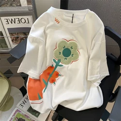 Retro High Street Short Sleeve Women Fashion Top 3D Flowers Flocking Graphic Tee Vintage Clothes Woman Designer Top 4XL 150KG