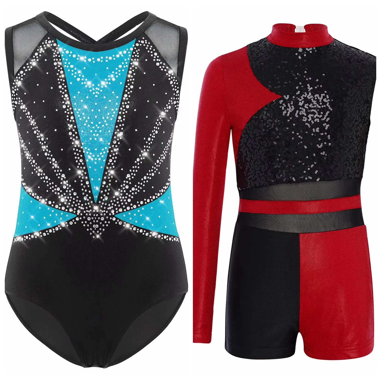 Chilren's Gymnastics Leotard Jumpsuit Coloblock Kids Girls Artistic Skating Ballet Dance Bodysuit Dancewear Metallic Dance Wear