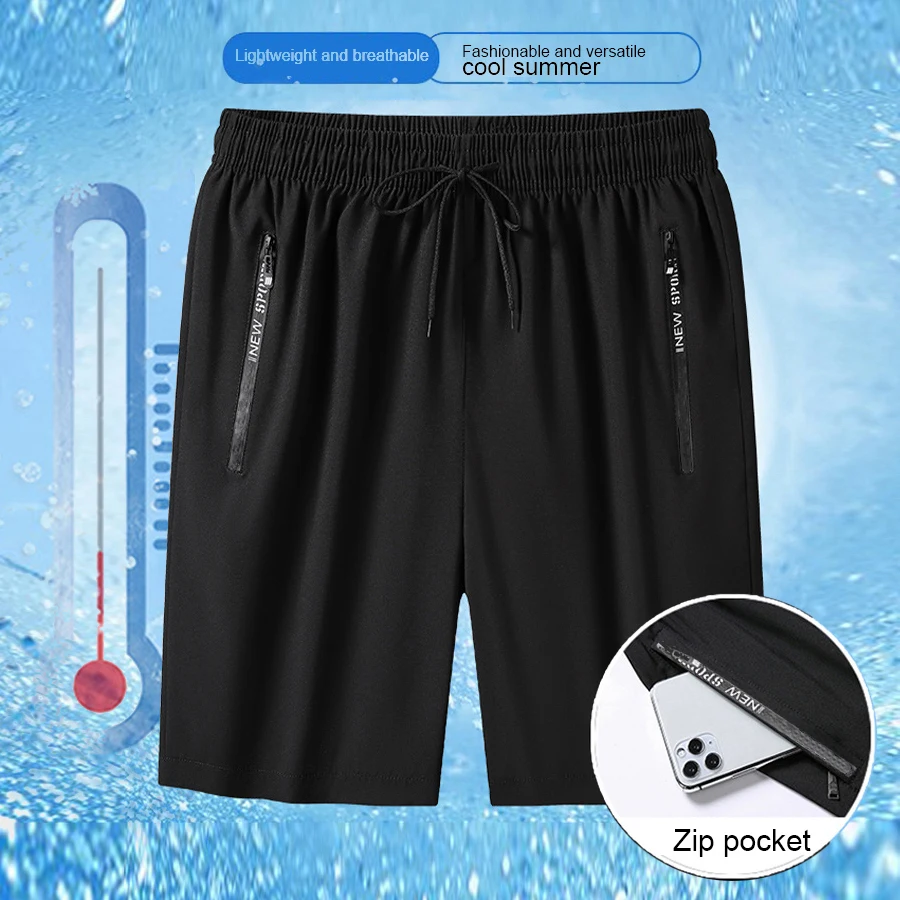 Outdoor Shorts Men Zippered Pocket Shorts Men\'s Knee-length Ice Silk Beach Shorts with Zipper Pockets Drawstring for Holiday