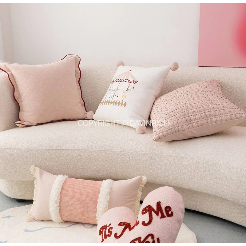 DAVINRICH Stunning Handmade Pink Peach Textured Bolster Pillowcase With White Fluffy Tufted Long Beach Cushion Cover For Bedroom