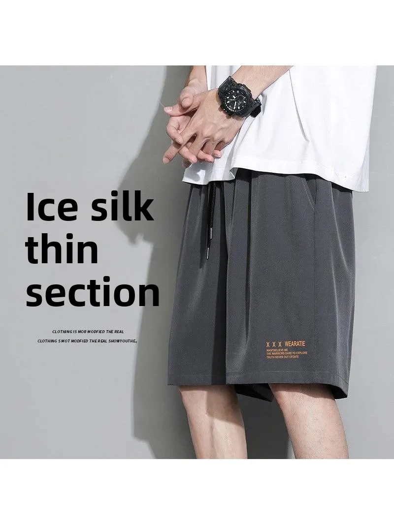 

Ice Silk Thin ort Pants Loose Men's Summer Casual Sports Qui Dry Five-Quarter Pants Straight Leg High Waist Polyester Fiber