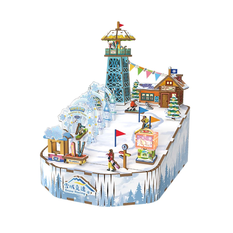 Boîte à musique de course de neige en bois 3D bricolage, kits de modèles miniatures, puzzles peuvent se déplacer pour les enfants, cadeaux d'anniversaire, décoration de la maison