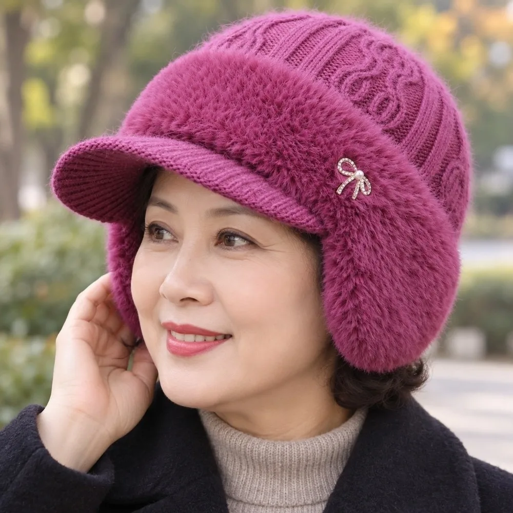 Thickened Winter Knit Hat Windproof Soft Yarn Fleece Lined Beanie Solid Color Ear Flaps Elderly Mother Bonnet Morning Exercise