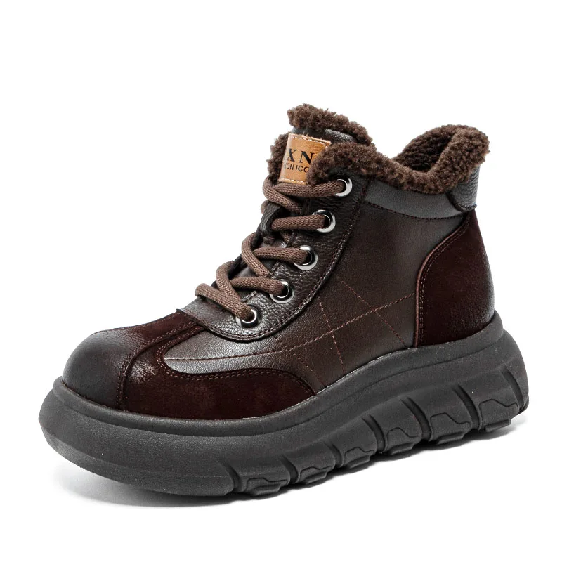 DRKANOL Women Snow Boots Winter Warm Shoes Mixed Colors Genuine Leather Lace-Up Wedges Height Increasing Platform Ankle Boots
