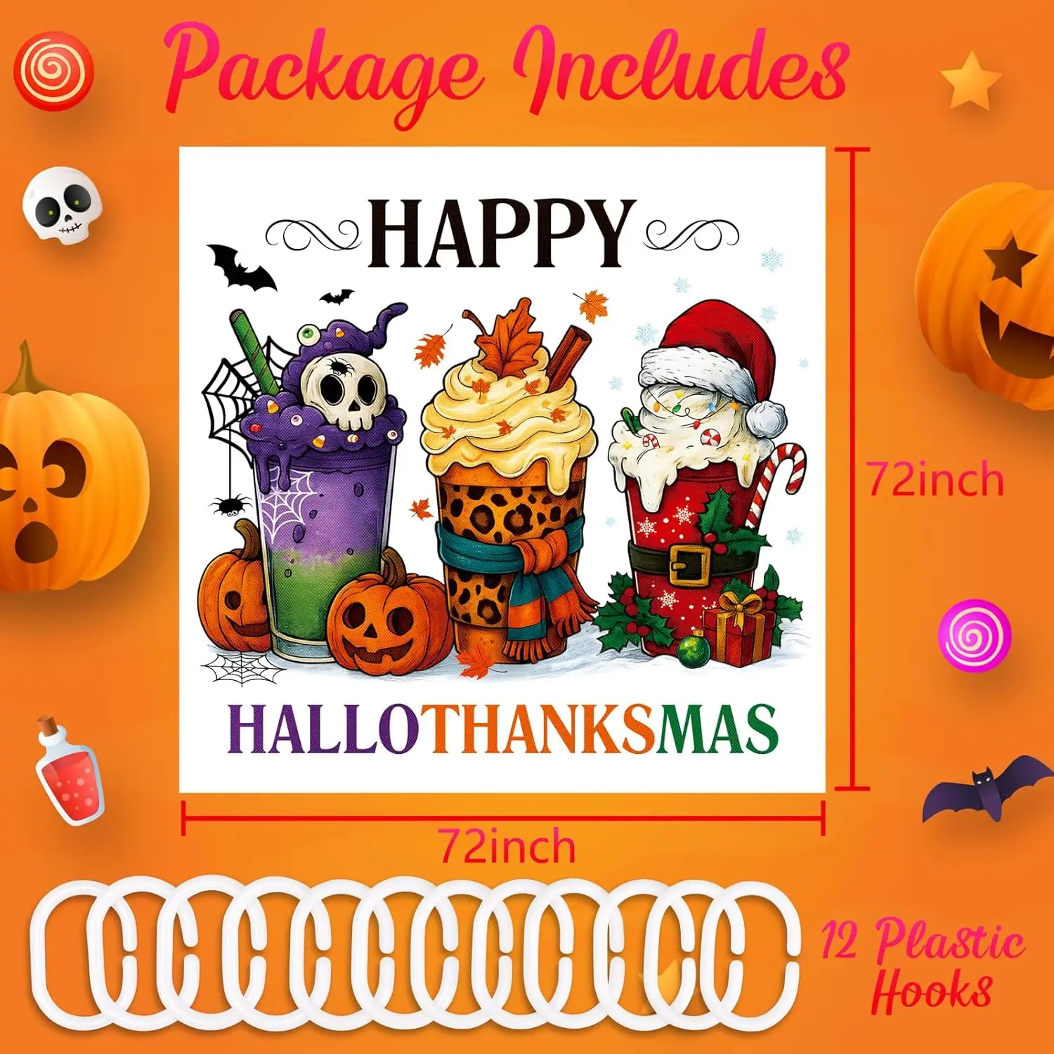 ستارة دش الهالوين لأكواب الحمام، عيد الميلاد، الخريف، عيد الشكر، عيد الميلاد مع 12 خطافًا، ديكور 72 × 72 بوصة