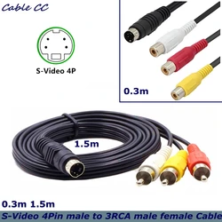 0.3m 1.5m Mini DIN 4-pinowe S-wideo męskie do 3 rca męskie AV Audio wideo kabel Adapter DVD PC TV