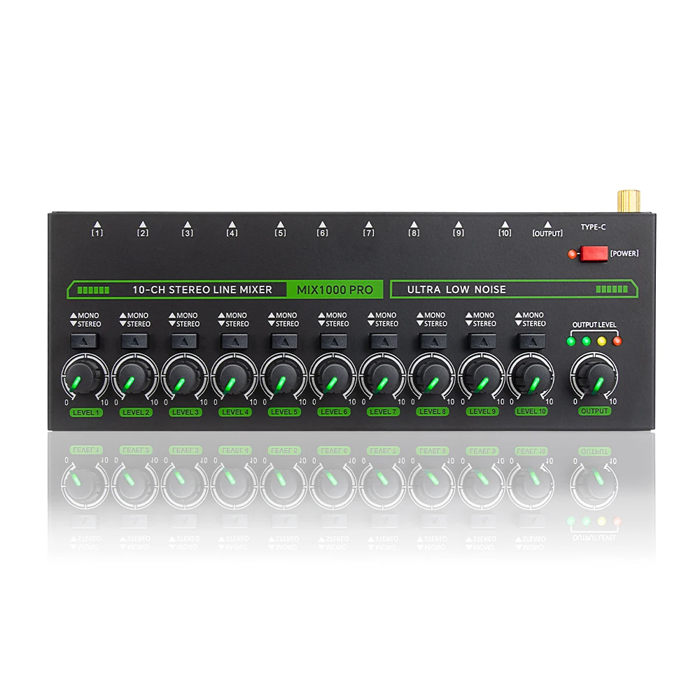 10-Kanal-Soundmixer, USB, 5 V, Strom, Stereo, geräuscharme LED-Soundmixer für Mikrofone, Gitarren, Bass, Tastaturen